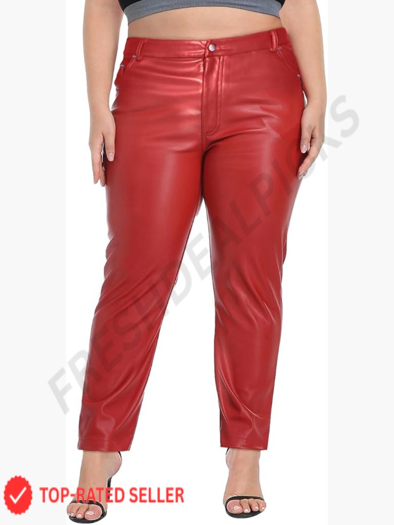 Plus Size Faux Leather Pants High Waist Straight Leg With Pockets